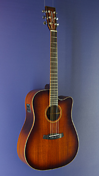 Tanglewood Winterleaf Exotic Series Dreadnought, high gloss finished acoustic guitar with pickup, Dreadnought shape with solid mahogany top and koa on back and sides, with cutaway