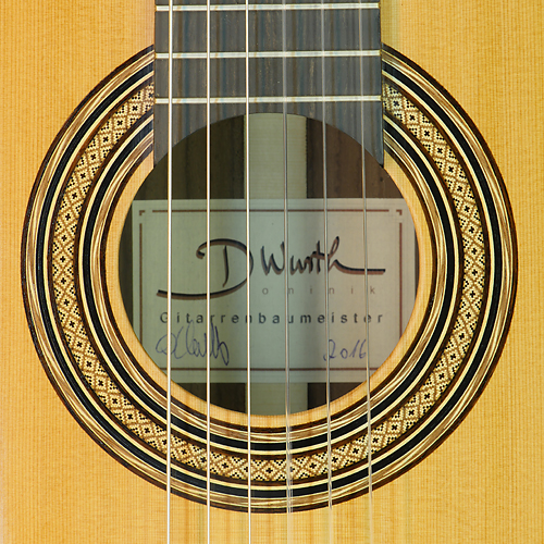 Rosette and label of Dominik Wurth luthier guitar cedar, rosewood, scale 64 cm, year 2016