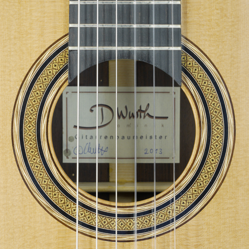 rosette and label of Dominik Wurth classical guitar cedar, rosewood, year 2013