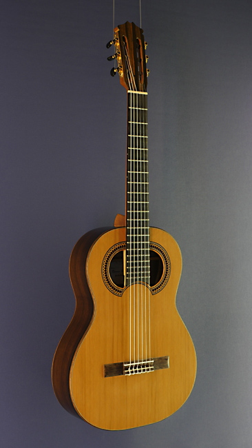 Hein Gitarrenbau classical guitar, shape after Santos Hernandez (1924) and double soundhole after Francisco Simplicio (1930), cedar, rosewood, scale 65 cm, year 2020