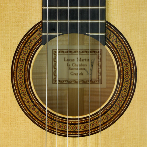 rosette and label of Lucas Martin classical guitar spruce, maple, 2012