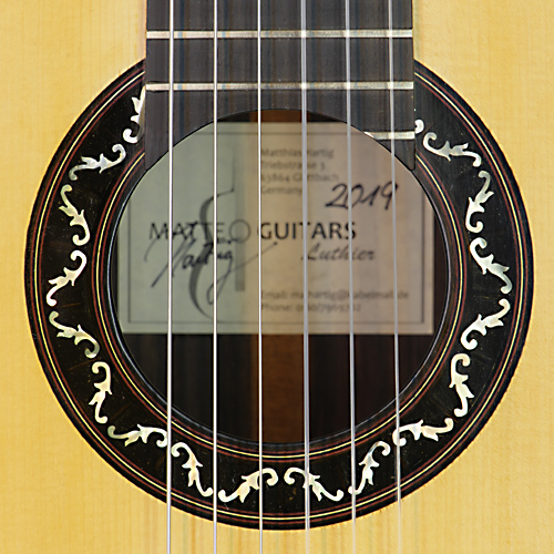 Matthias Hartig - Matteo Guitars, klassische Gitarre Fichte, Palisander, 2019, Rosette, Schild