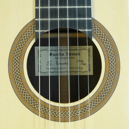 Rosette and label of a classical guitar built by Sascha Nowak
