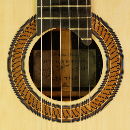 rosette and label of Stefano Robol classical guitar spruce, rosewood, year 2014