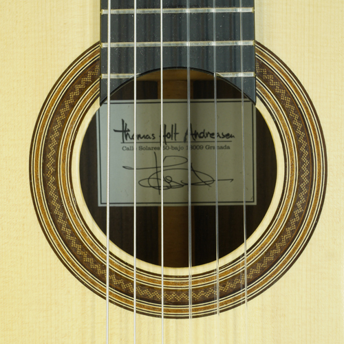 Rosette and label  of a classical guitar built by Thomas Holt Andreasen