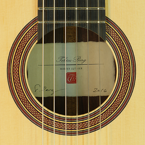 Rosette and label of classical guitar by Tobias Berg spruce, rosewood, scale 65 cm, year 2016