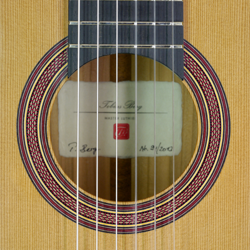 rosette and label of Tobias Berg Luthier guitar, cedar, cherrywood, 2013