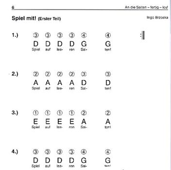 Brzoska, Ingo: An die Saiten fertig los, Mandolin/ Mandola pupil`s score, mandolin method, classroom music sample