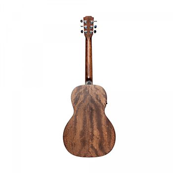 Acoustic guitar with pickup, J.N. Dovern, steel string guitar in Parlour shape, with solid mahogany top and cutaway, wide neck 45 mm, back view