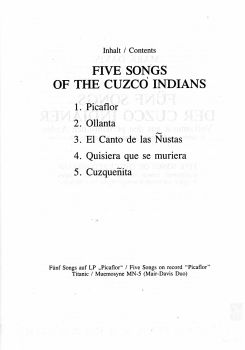 Davis, Mark: 5 Songs of the Cuzco-Indians für Gitarre und Mandoline oder Melodieinstrument, Noten Inhalt