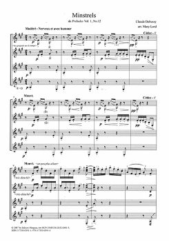 Debussy, Claude: Minstrels for 4 guitars, sheet music sampleMinstrels des impressionistischen französischen Komponisten Claude Debussy (1862 - 1918) bearbeitet für 4 Gitarren von Mary Lord, Partitur und Stimmen
