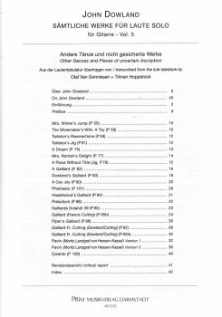 Preview: Dowland, John: Complete Lute Works in the Original Text Vol. 5 - Other Dances and Pieces with uncertain Ascription  for solo guitar, sheet music content