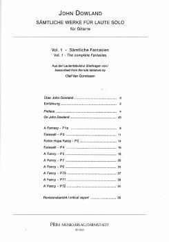 Dowland, John: Sämtliche Lautenwerke im Urtext Vol. 1 - 10 Fantasien für Gitarre solo, Noten Inhalt