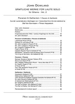Dowland, John: Sämtliche Lautenwerke im Urtext Vol. 2 - Pavanen und Galliarden für Gitarre solo, Noten Inhalt