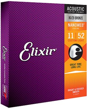 Strings for Acoustic Steel-string Guitar, Elixir Nanoweb custom light Bronze 80/20, 011 - 052, coated