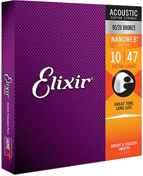 Strings for Acoustic Steel-String Guitar, Elixir Nanoweb extra light Bronze 80/20, 010 - 047, coated