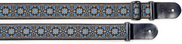 Guitar strap with brodered folk pattern, blue