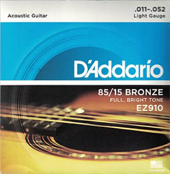 Strings for Acoustic Steel-String Guitar, D`Addario EZ910, light, 011 - 052, Bronze 85/15