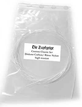 Strings for Classical Guitar Zupfgeige Custom Set, E1, B2, G3 Carbon, Basses Nylon, high tension