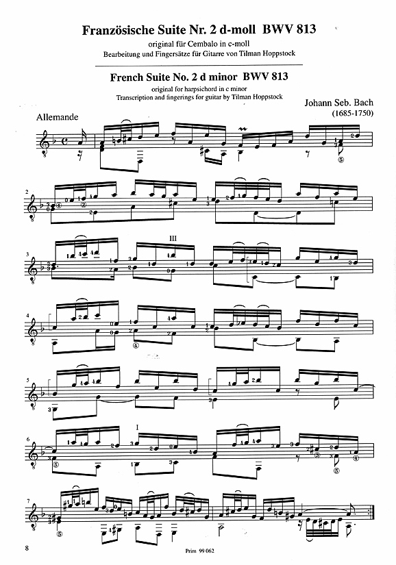 Gitarrennoten Und Gitarrenzubehor Die Zupfgeige Gitarrenfachgeschaft Noten Werkstatt Bach Johann Sebastian Franzosische Suite Nr 2 Bwv 813 D Moll Fur Gitarre Solo Noten