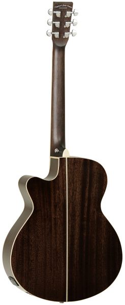 Acoustic guitar with Pickup, Tanglewood TW4 Super Folk Winterleaf, Antique Violin Burst finished guitar with solid mahogany top, back view