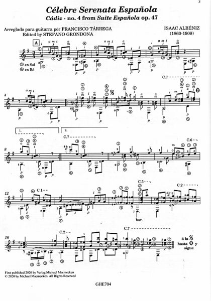 Albeniz, Isaak: Célebre Serenata Española (Cádiz - Suite española op. 47/4), Bearbeiter Francisco Tarrega, Gitarre solo Noten Beispiel