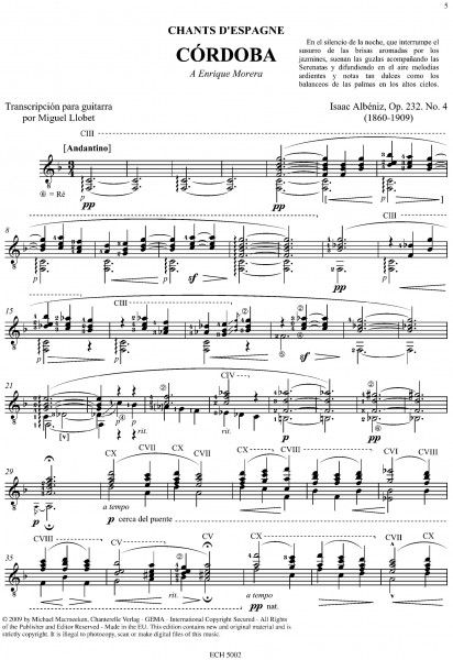 Albéniz, Isaac: Córdoba - Miguel Llobet Collection, for guitar solo, notes sample