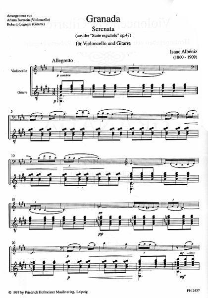 Albeniz, Isaac: Granada aus Suite Espanola op. 47 für Cello und Gitarre, Note, Beispiel