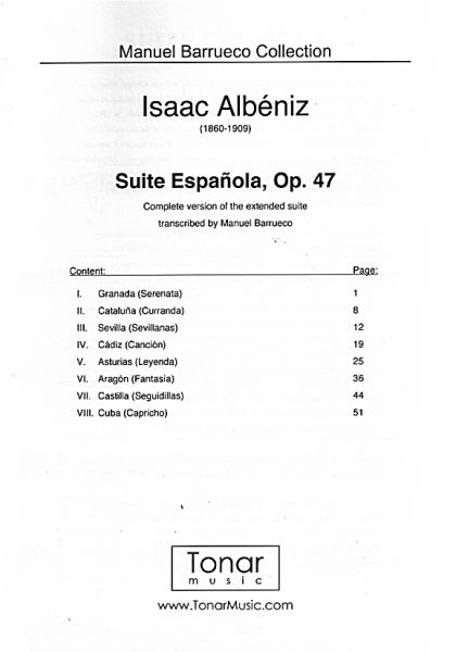 Albeniz, Isaac: Suite Espanola op. 47, Bearbeiter Manuel Barrueco, Gitarre solo, Noten Inhalt