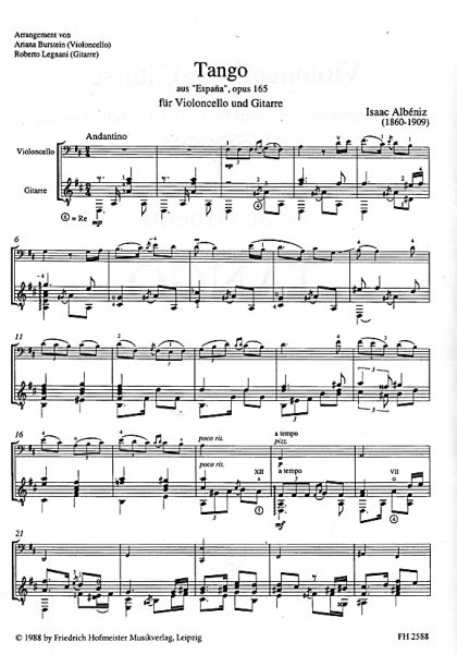Albeniz, Isaac: Tango aus Espana op. 165 für Cello und Gitarre, Noten Beispiel