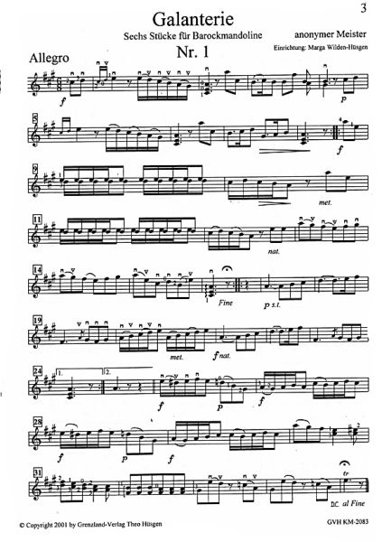 Anonymus: Galanterie for Baroque Mandolin solo, sheet music sample