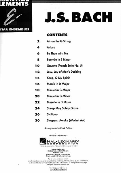 Essential Elements: J.S. Bach, 15 Sücke für 3 Gitarren oder Gitarrenensemble, Noten Inhalt