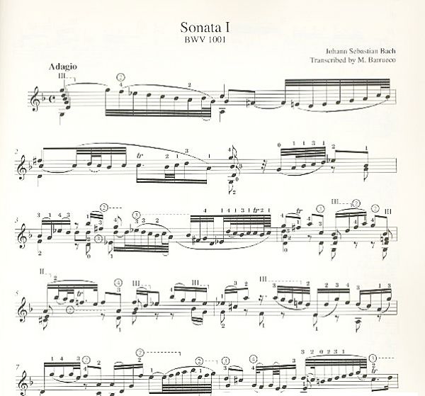 Bach, Johann Sebastian: 3 Sonatas from the Sonatas for solo Violin BWV1001/1003/1005 für Gitarre, Bearbeiter Manuel Barrueco, Noten Beispiel