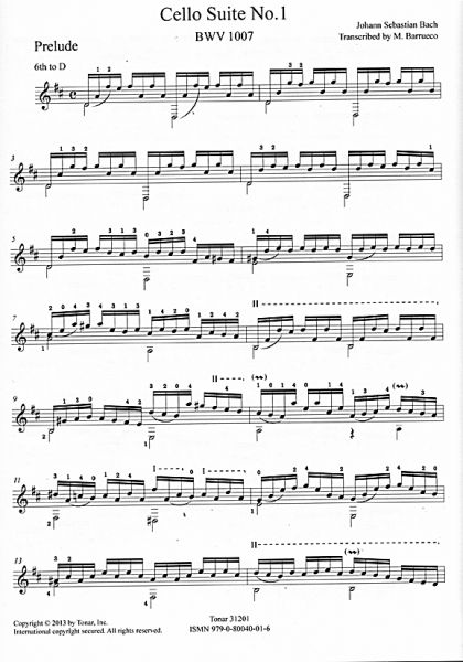 Bach, Johann Sebastian: Cello Suite 1, BWV 1007, Bearbeiter Manuel Barrueco, Gitarre solo Noten Beispiel