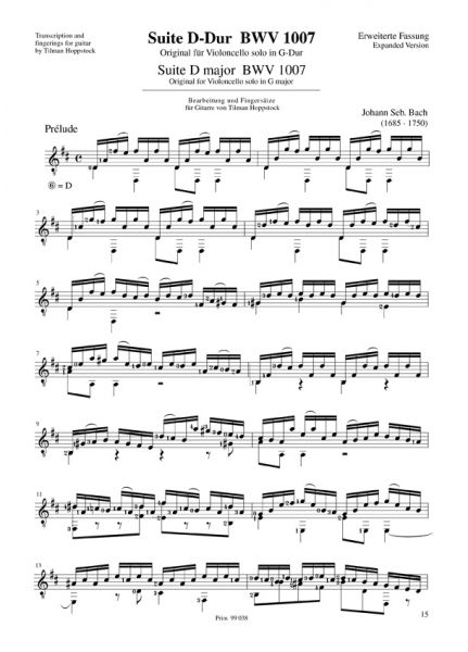 Bach, Johann Sebastian: Cellosuite 1, BWV 1007 für Gitarre solo, Noten erweiterte Fassung Beispiel