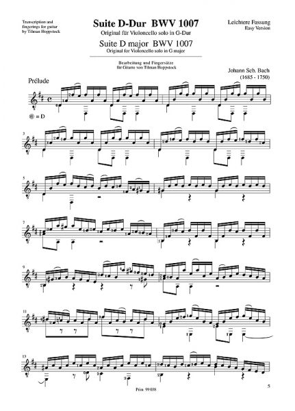 Bach, Johann Sebastian: Cellosuite 1, BWV 1007 for guitar solo, sheet music sample