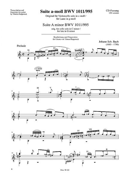 Bach, Johann Sebastian: Cello suites 1,2,5/ after da Milano for guitar: Fantasias, Chorals & Air, editor Tilman Hoppstock, sheet music, sample
