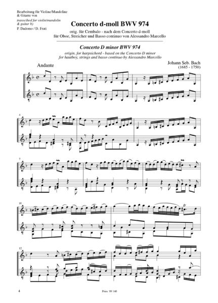 Bach, Johann Sebastian: Concierto d minor, BWV 974 after Marcello for Violin/ Mandolin and Guitar, sheet music sample