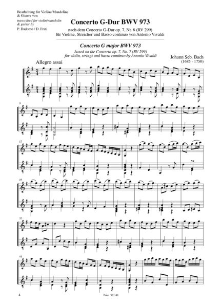 Bach, Johann Sebastian: Concierto G Major, BWV 973 after Vivaldi for Violin/ Mandolin and Guitar, sheet music sample