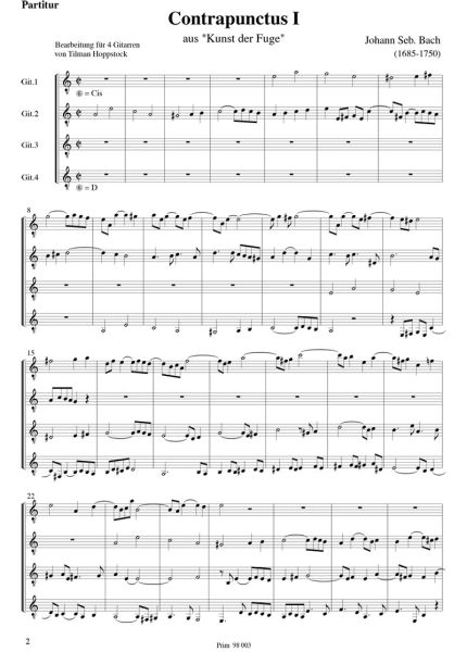 Bach, Johann Sebastian: Contrapunctus Nr. 1 aus die Kunst der Fuge, für Gitarrenquartett oder Gitarrenorchester, Noten Beispiel