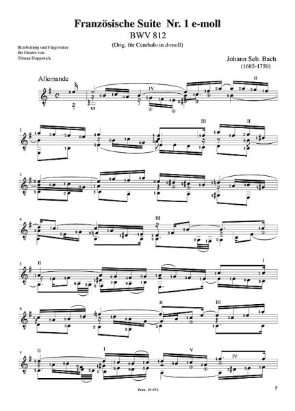 Bach, Johann Sebastian: Französische Suite Nr. 1, BWV 812, e-moll für Gitarre solo Noten Beispiel