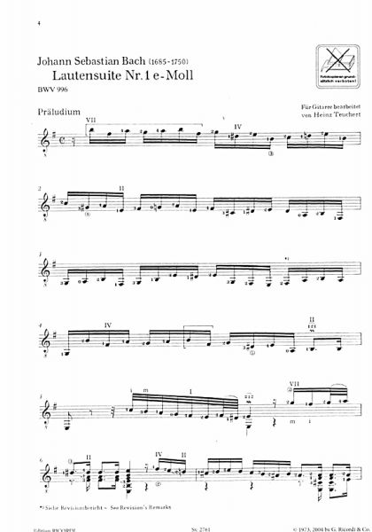 Bach, Johann Sebastian: Works for Lute transcribed for guitar by Heinz Teuchert, sheet music for guitar solo, sample