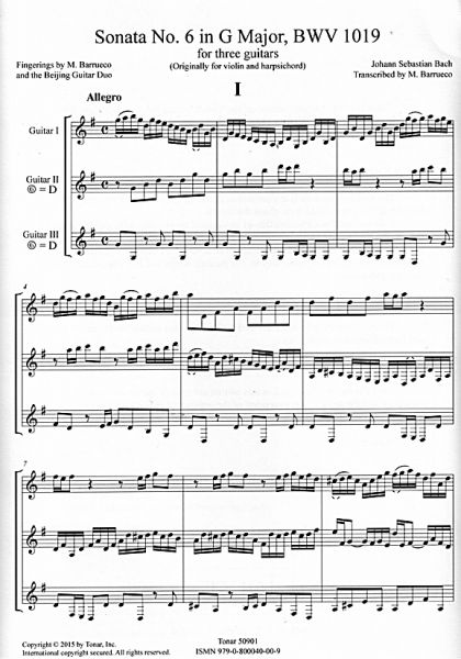 Bach, Johann Sebastian: Sonata Nr. 6 G Major, BWV 1019, arr. Manuel Barrueco, for 3 Guitars, Trio sheet music sample