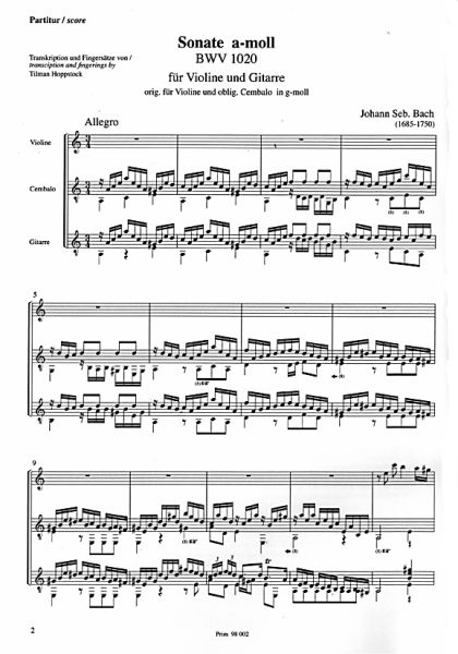Bach, Johann Sebastian: Sonate a-moll, BWV 1020 für Violine/ Flöte und Gitarre, Noten Beispiel
