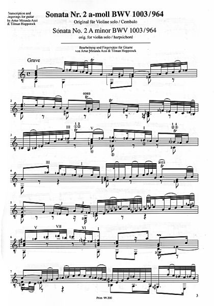Bach, Johann Sebastian: Violin Sonata Nr.2, a-moll BWV 1003, Gitarre solo Noten, Bearbeiter Tilman Hoppstock, Beispiel