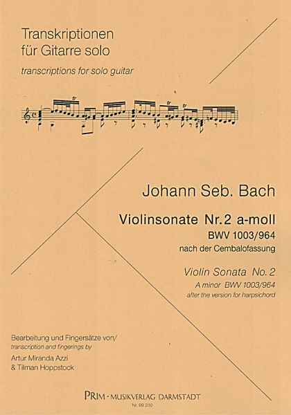 Bach, Johann Sebastian: Violin Sonata Nr.2, a-moll BWV 1003, Gitarre solo Noten, Bearbeiter Tilman Hoppstock