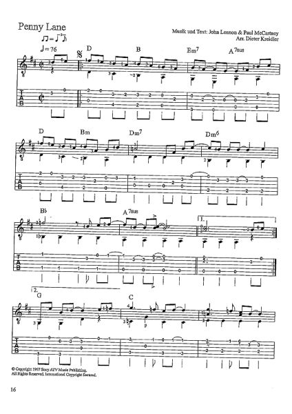 Beatles Songs & Traditionals for guitar solo, notes sample