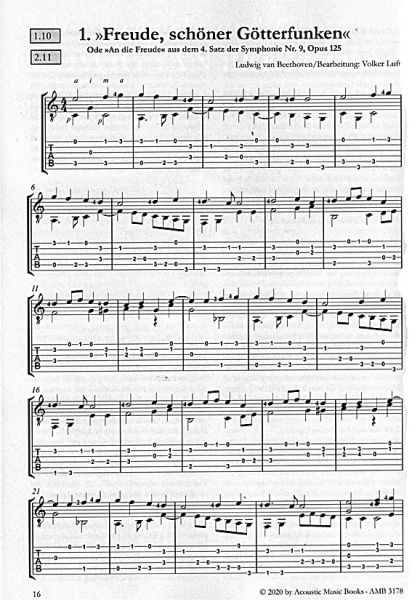 Beethoven, Ludwig van: 25 Masterworks and Easy Pieces für Gitarre solo, Noten und Tabulatur Beispiel