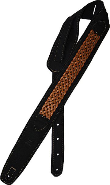 Guitar strap vegan, velours look, black with brown braid ornament, Bull, 6 cm wide