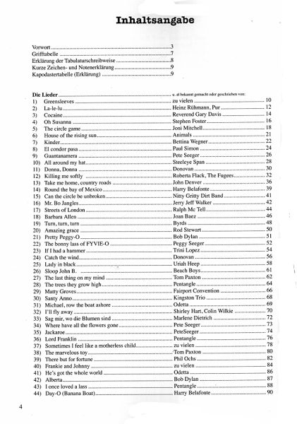Bursch, Peter: Das Folkbuch, 100 Songs for Guitar, Songbook content